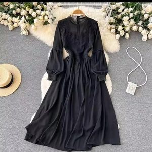 Elegant Gothic Maxi Dress With Chiffon Lace Patchwork